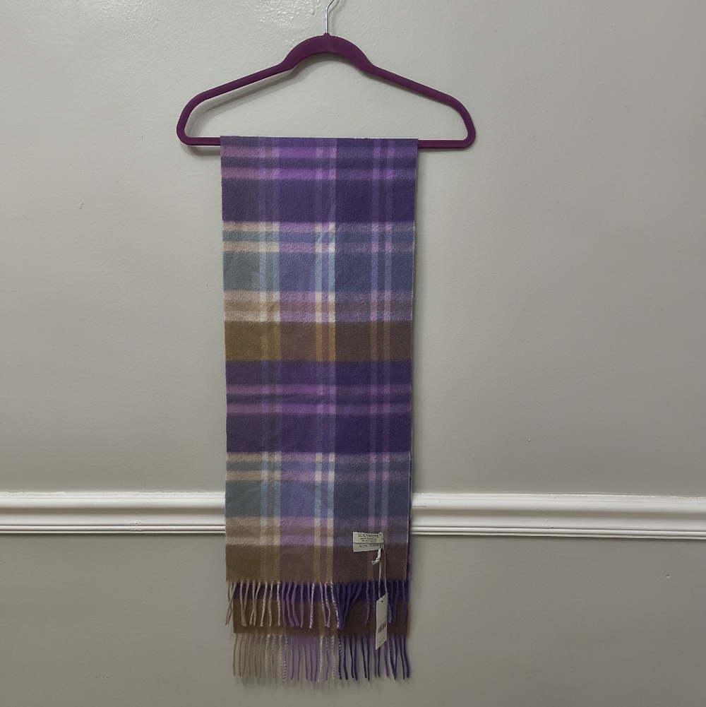 Lochmere "Pastel Fusion"100% Cashmere Plaid Scarf Purple Brown Tan Cream Outdoor